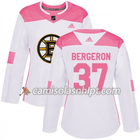Camisola Boston Bruins Patrice Bergeron 37 Adidas 2017-2018 Branco Rosa Fashion Authentic - Mulher